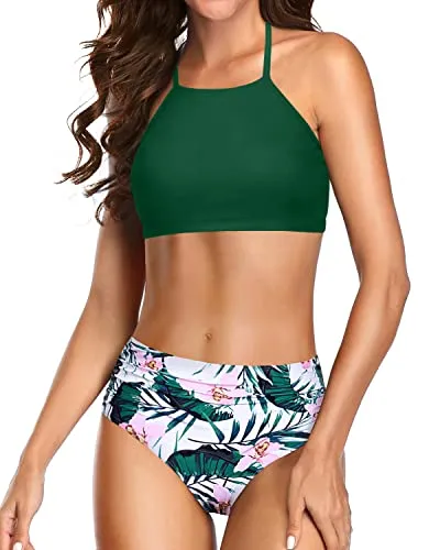 Adjustable Halter Tie Back Tie Closure Bikini Set Triangle Bikini-Green Tropical Floral