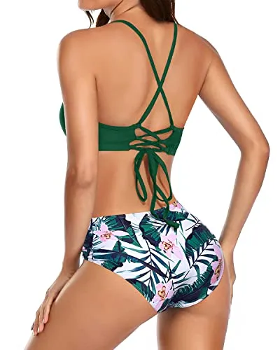 Adjustable Halter Tie Back Tie Closure Bikini Set Triangle Bikini-Green Tropical Floral