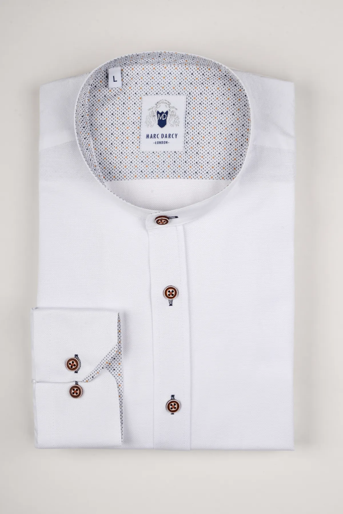 ARCHIE - White Grandad Collar Shirt With Tan Buttons