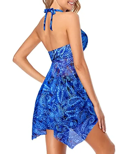 Backless Two Piece Swimsuit With High Waist Boyshorts-Blue Tribal