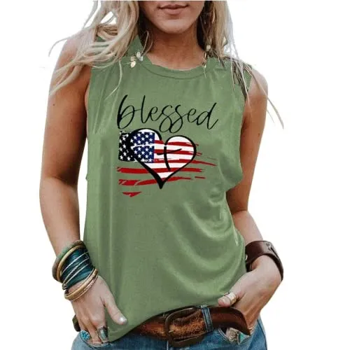 Blessed Heart Sleeveless Shirt Women American Flag Print Tank Top