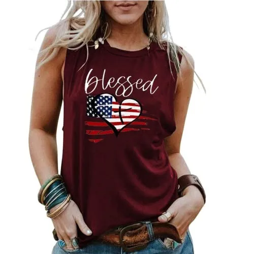 Blessed Heart Sleeveless Shirt Women American Flag Print Tank Top