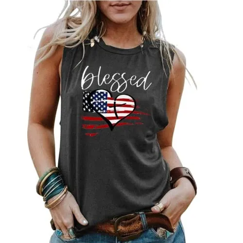 Blessed Heart Sleeveless Shirt Women American Flag Print Tank Top