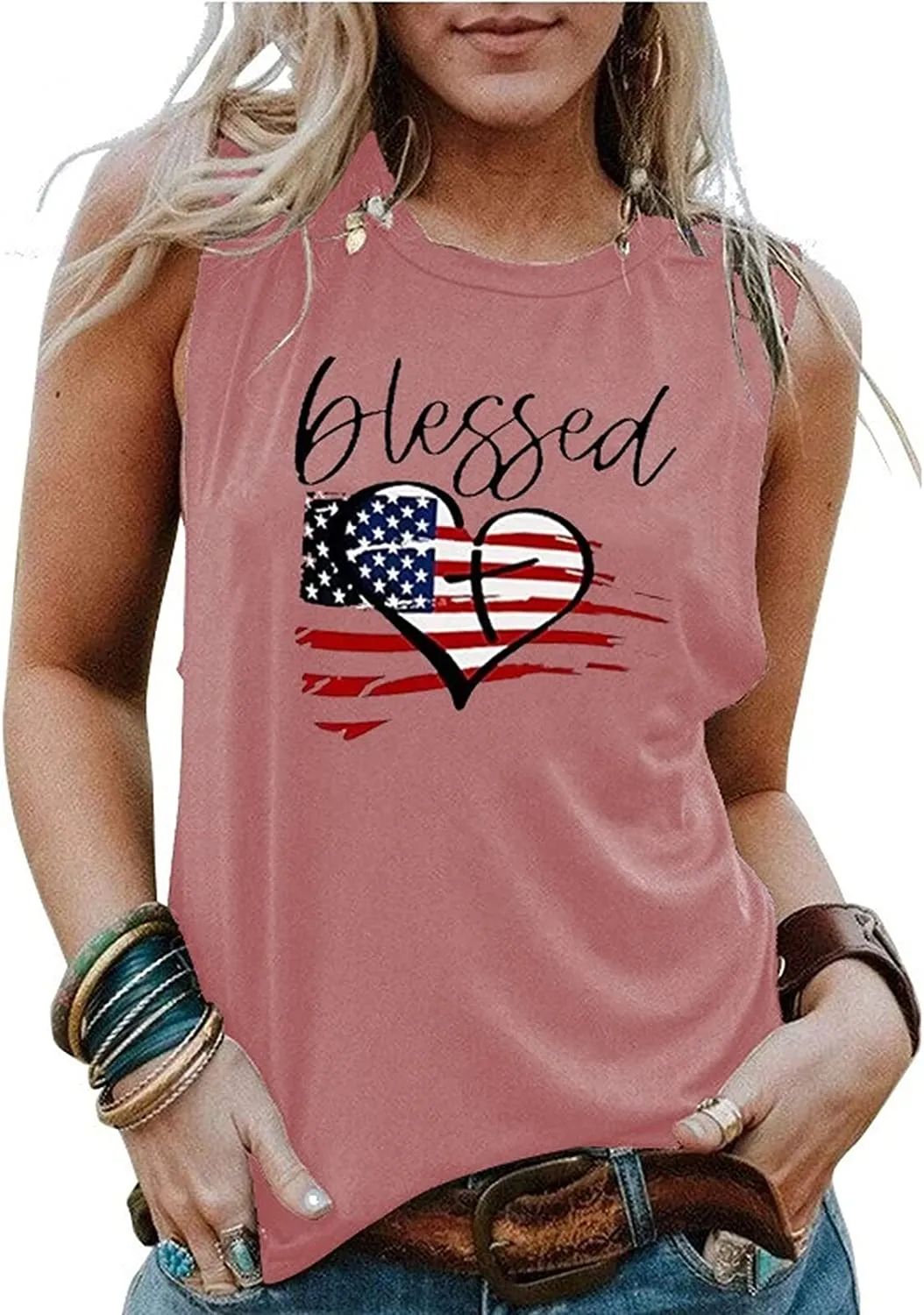 Blessed Heart Sleeveless Shirt Women American Flag Print Tank Top