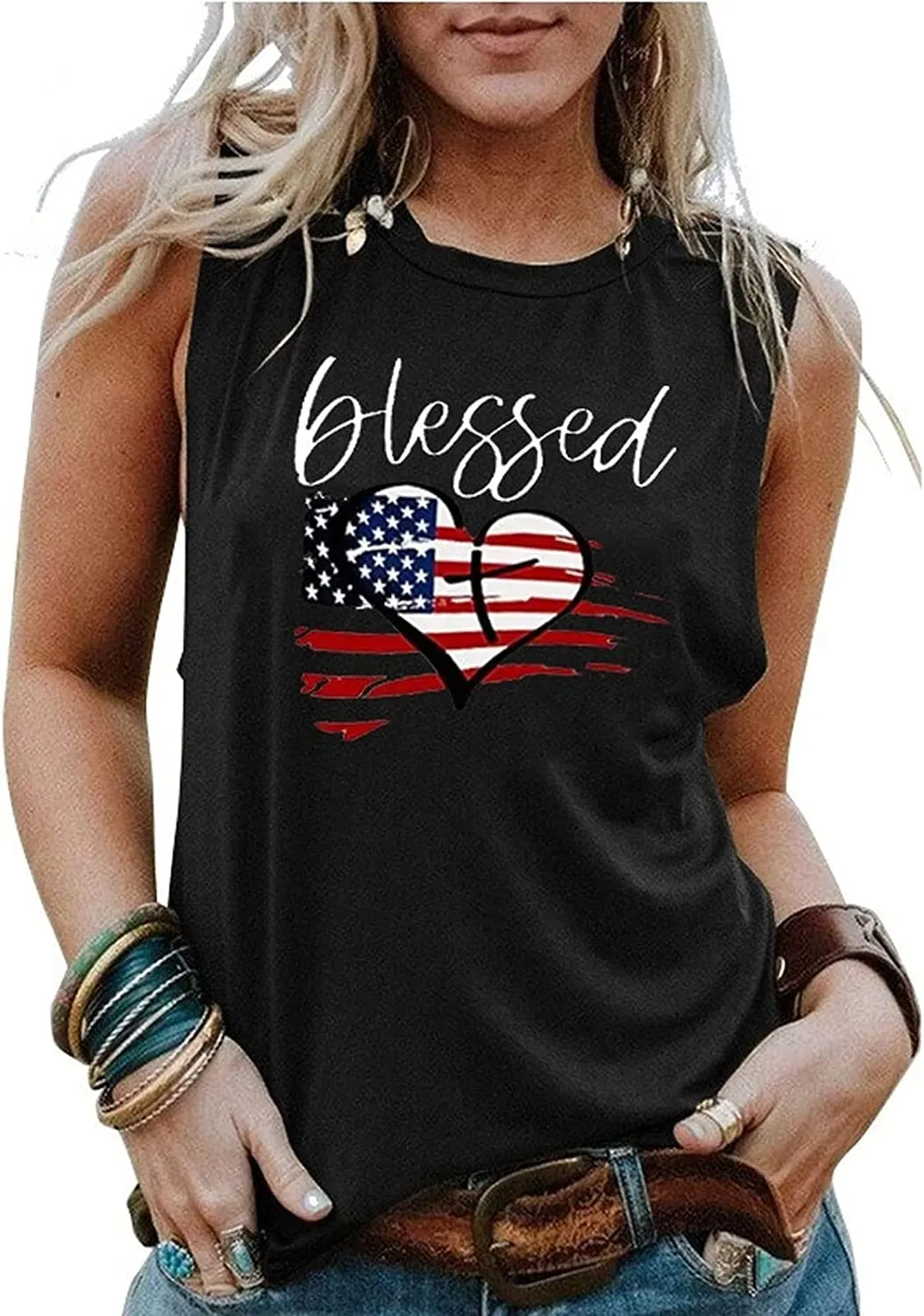 Blessed Heart Sleeveless Shirt Women American Flag Print Tank Top