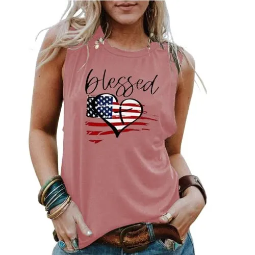 Blessed Heart Sleeveless Shirt Women American Flag Print Tank Top