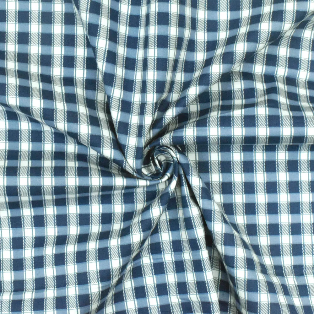 Blue-Navy-White Plaid Print Stretch Cotton Broadcloth Woven Fabric