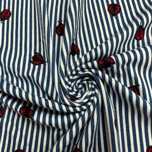 Blue Stripe Ladybug Print Double Brushed Jersey Knit Fabric