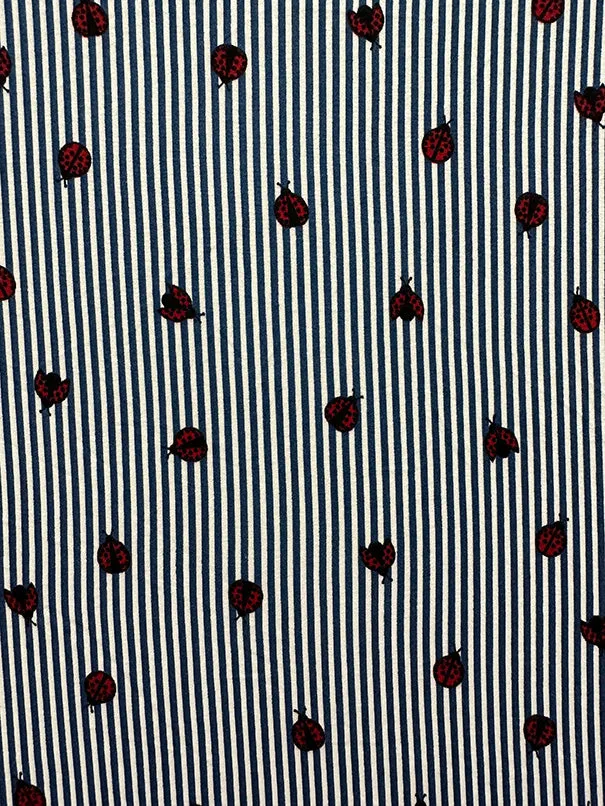 Blue Stripe Ladybug Print Double Brushed Jersey Knit Fabric