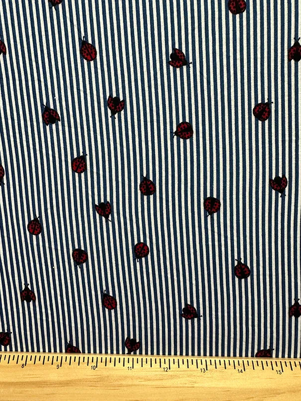 Blue Stripe Ladybug Print Double Brushed Jersey Knit Fabric