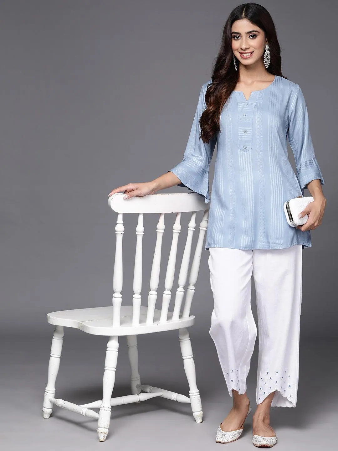 Blue Striped Rayon A-Line Kurti