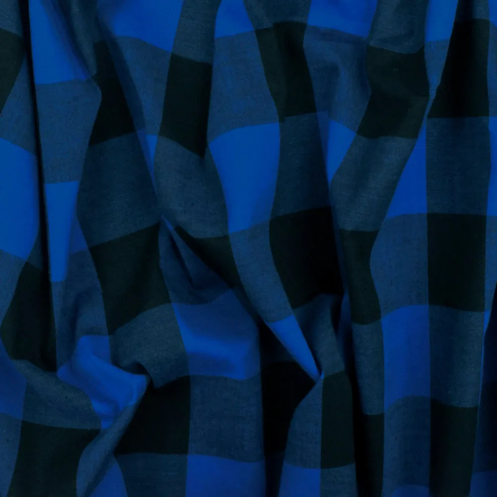 Cobalt Blue-Black Gingham Poplin Shirting Woven Fabric