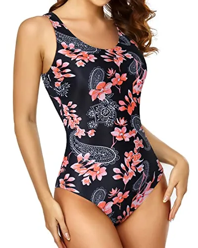 Competitive Swimsuits Athletic Swimsuits For Women-Black Pink Flowers