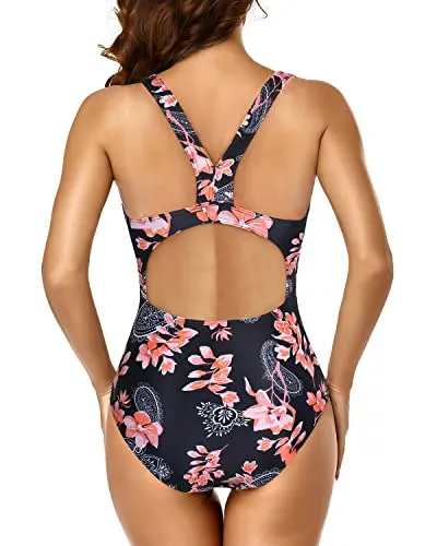 Competitive Swimsuits Athletic Swimsuits For Women-Black Pink Flowers