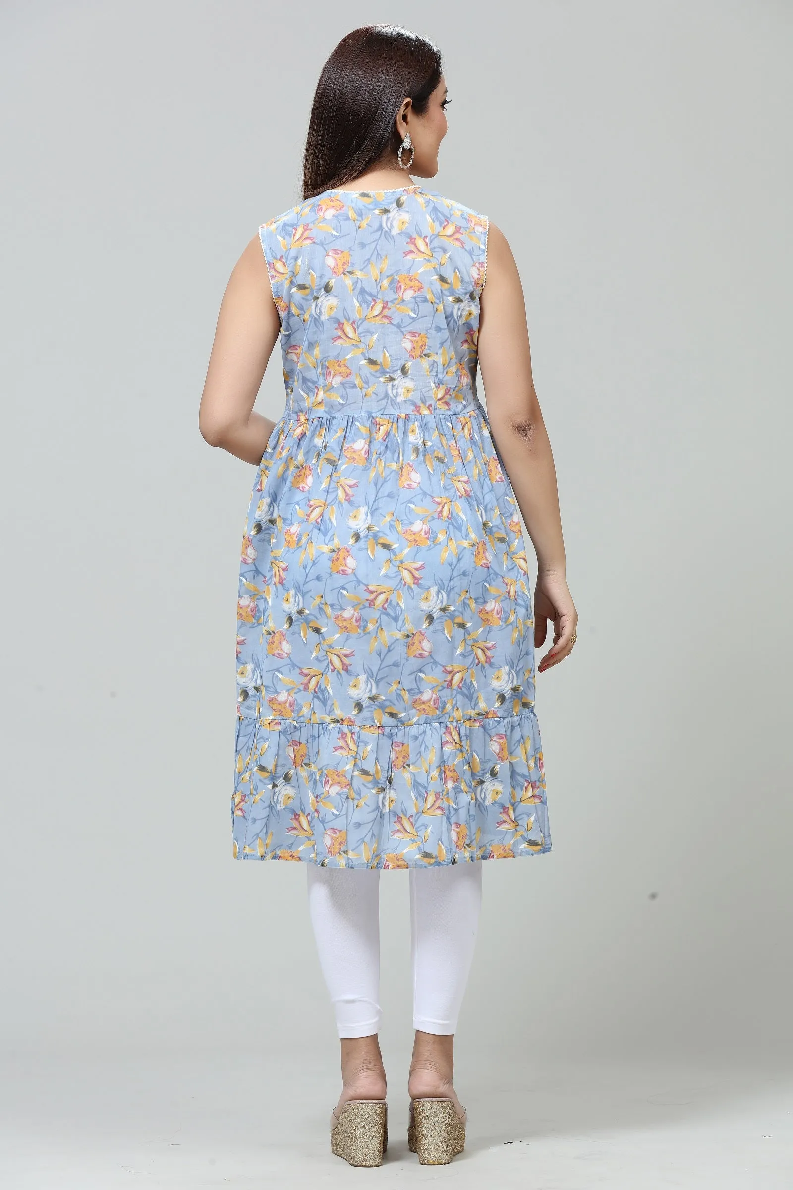 Grey Cotton Flared Printed Sleeveless Kurta