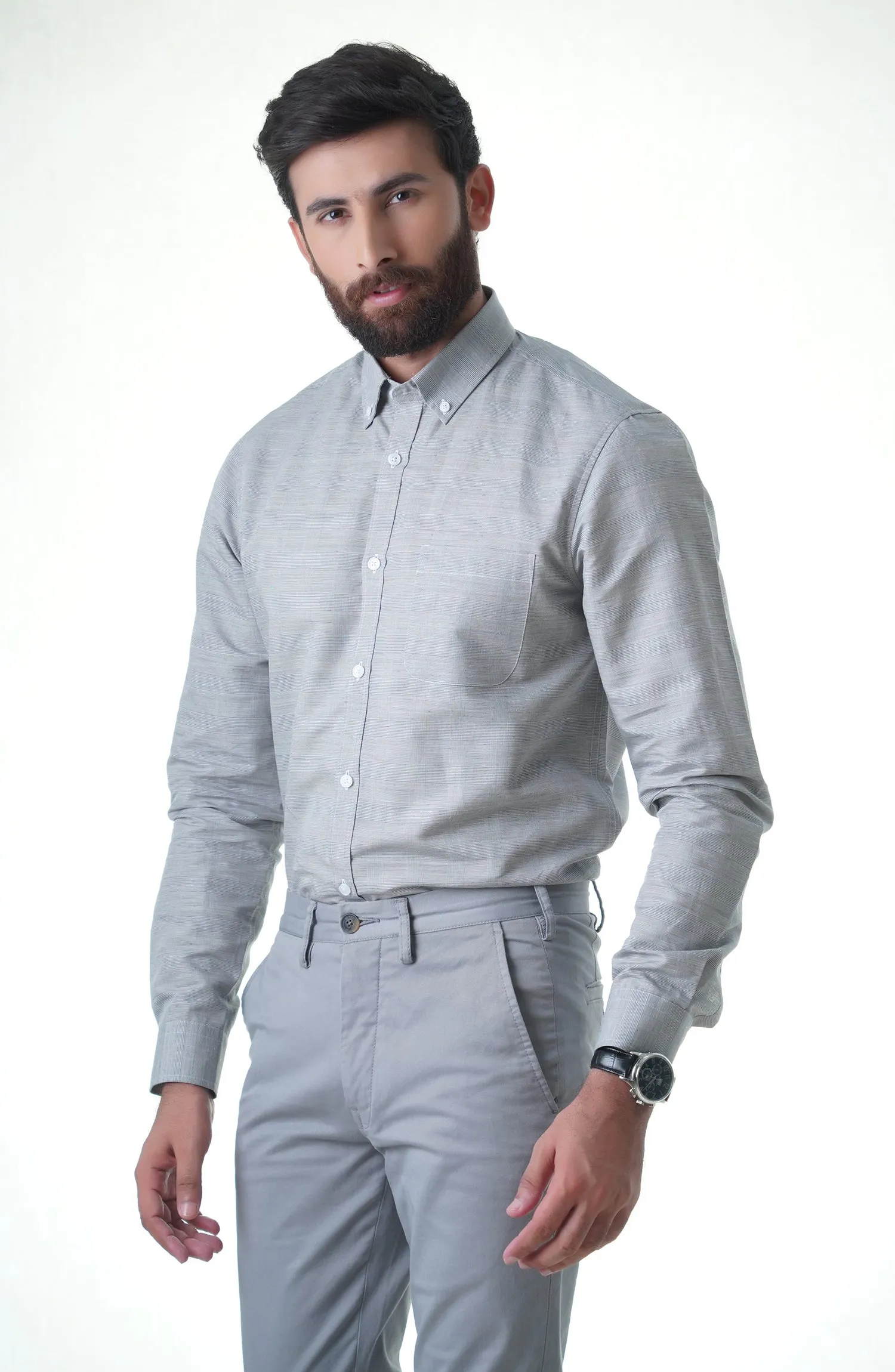 Grey Full Sleeves Cotton Shirt