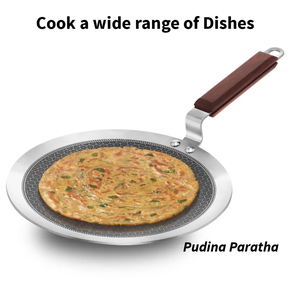 Hawkins 26 cm Paratha Tava, Triply Stainless Steel Shielded Nonstick Tawa with Rosewood Handle, Honeycomb Non Stick Induction Tawa, Silver (NSPT26)