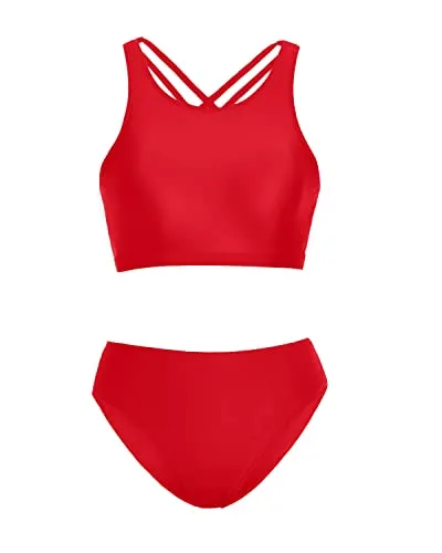 High Neck Athletic Two Piece Swimsuits High Cut Bikini Bottom-Red