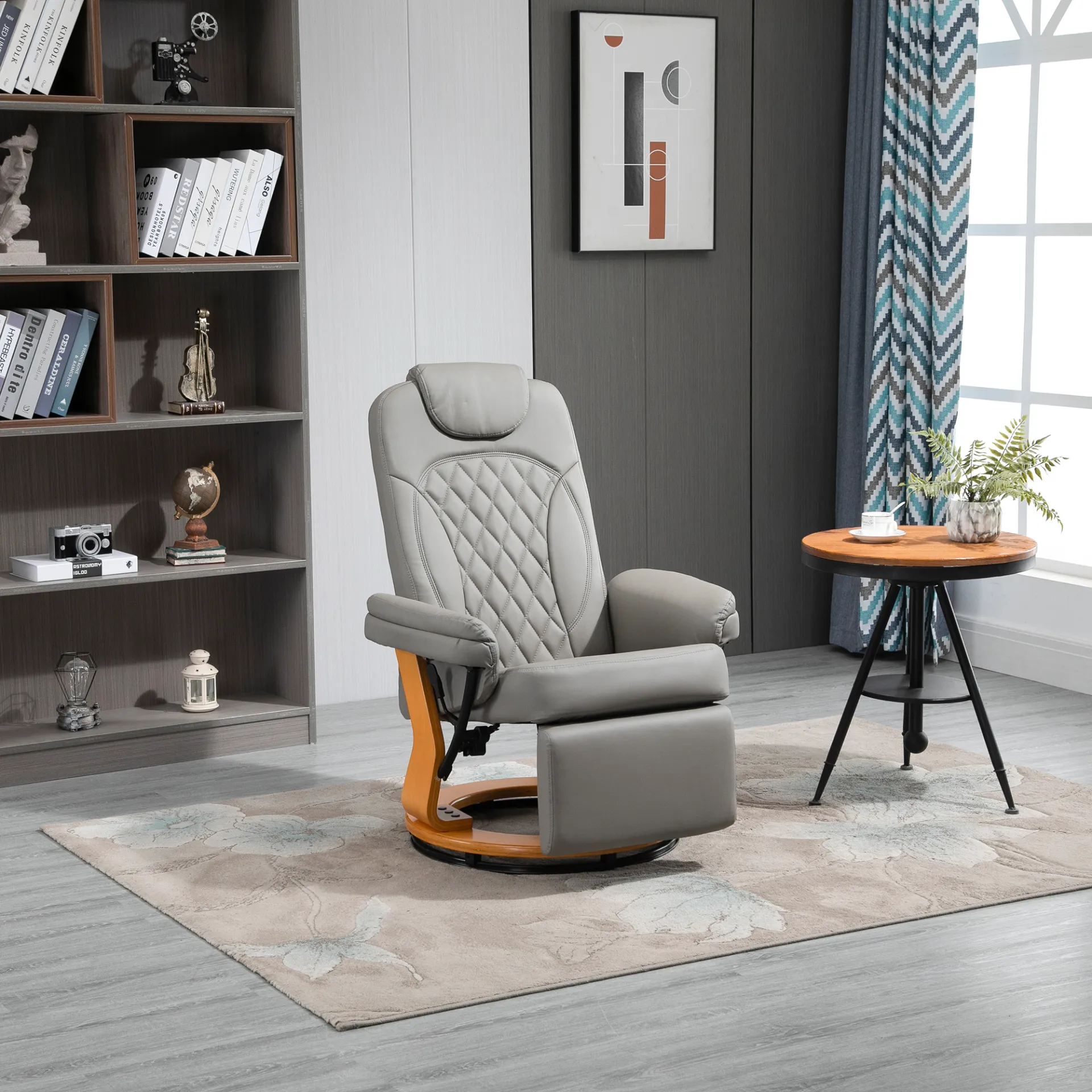 HOMCOM Grey PU Recliner Chair with Footrest, Headrest, Swivel Wooden Base – Ideal for Living Room, Bedroom & Office