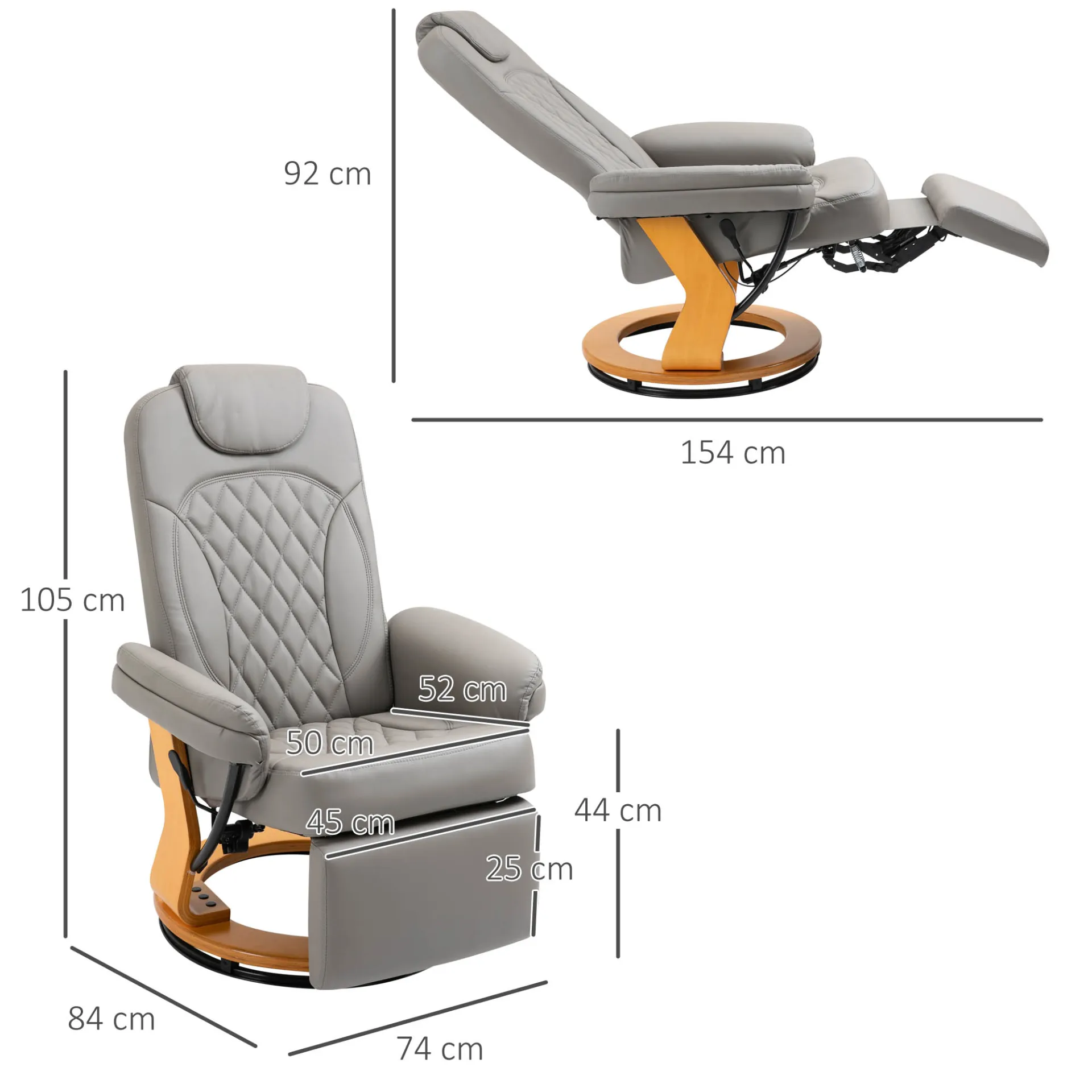 HOMCOM Grey PU Recliner Chair with Footrest, Headrest, Swivel Wooden Base – Ideal for Living Room, Bedroom & Office