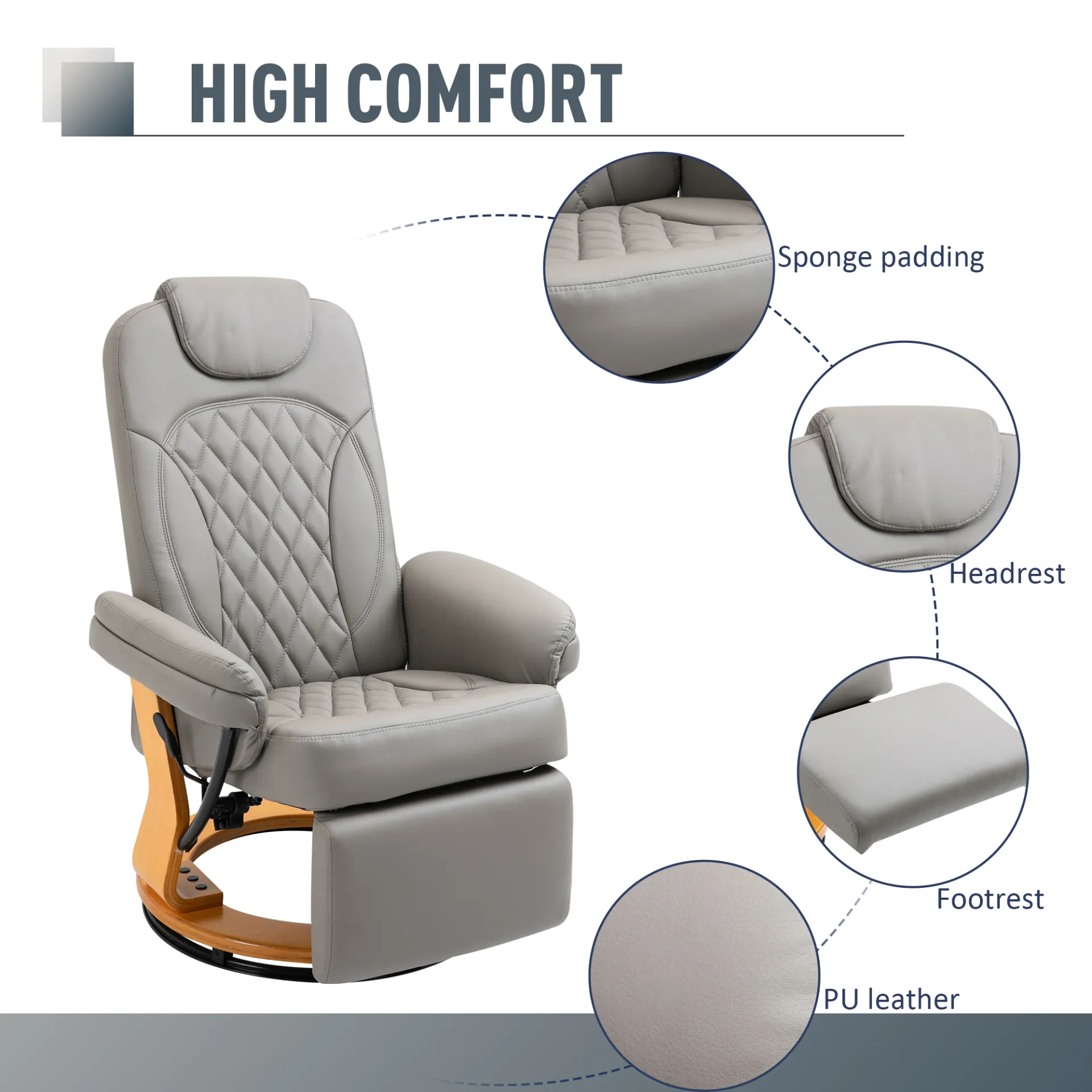 HOMCOM Grey PU Recliner Chair with Footrest, Headrest, Swivel Wooden Base – Ideal for Living Room, Bedroom & Office