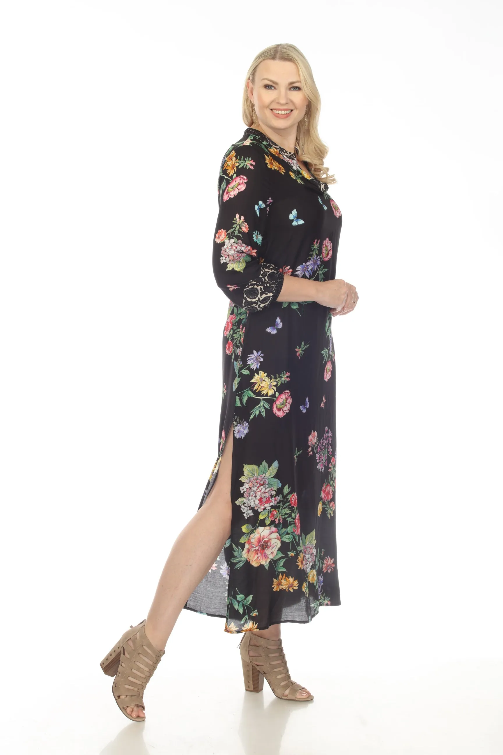 Johnny Was Floral Puff Sleeve Swim Cover-Up Maxi Dress Boho Chic CSW3823AM