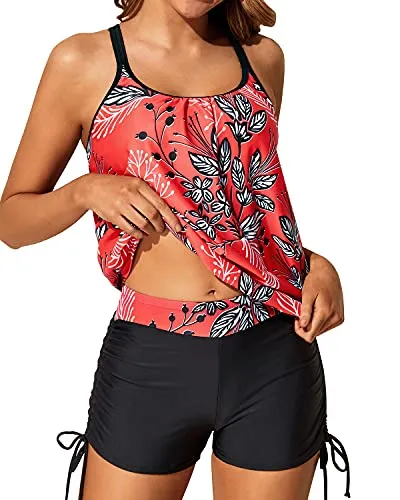 Loose Fit Slimming Tummy Control Tankini Swimsuits Mid Rise Boyleg Bottom-Red Floral