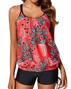 Loose Fit Slimming Tummy Control Tankini Swimsuits Mid Rise Boyleg Bottom-Red Floral