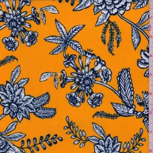 Marigold/Navy Stylized Floral Double Brushed Jersey Knit Fabric