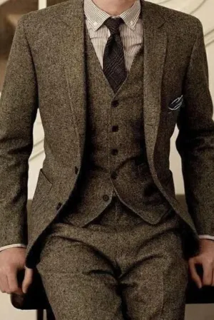 Men Three Piece Tweed Suit Brown Winter Wedding Formal Suit Stylish Party Wear Suits