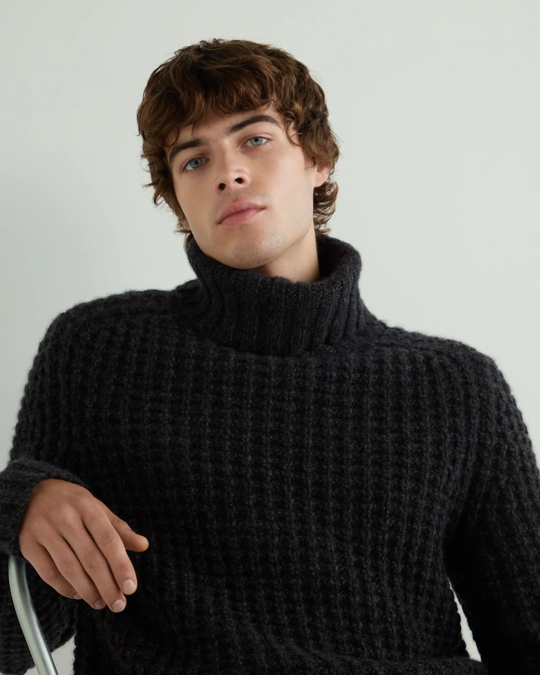 Men's Chunky Moss Stitch Roll Neck Cashmere Jumper Granite Grey