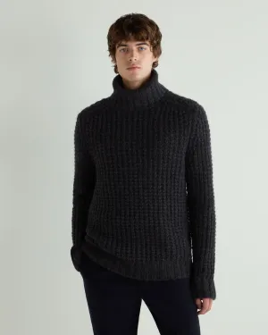 Men's Chunky Moss Stitch Roll Neck Cashmere Jumper Granite Grey