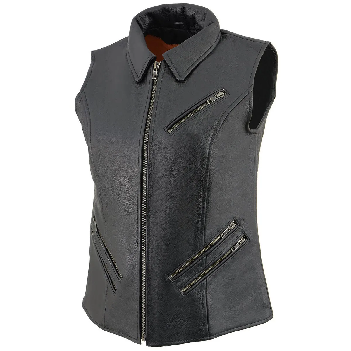 Milwaukee Leather MLL4520 Women’s Black Leather Shirt Style Collar Motorcycle Rider Vest with 4 Front Lower Pockets