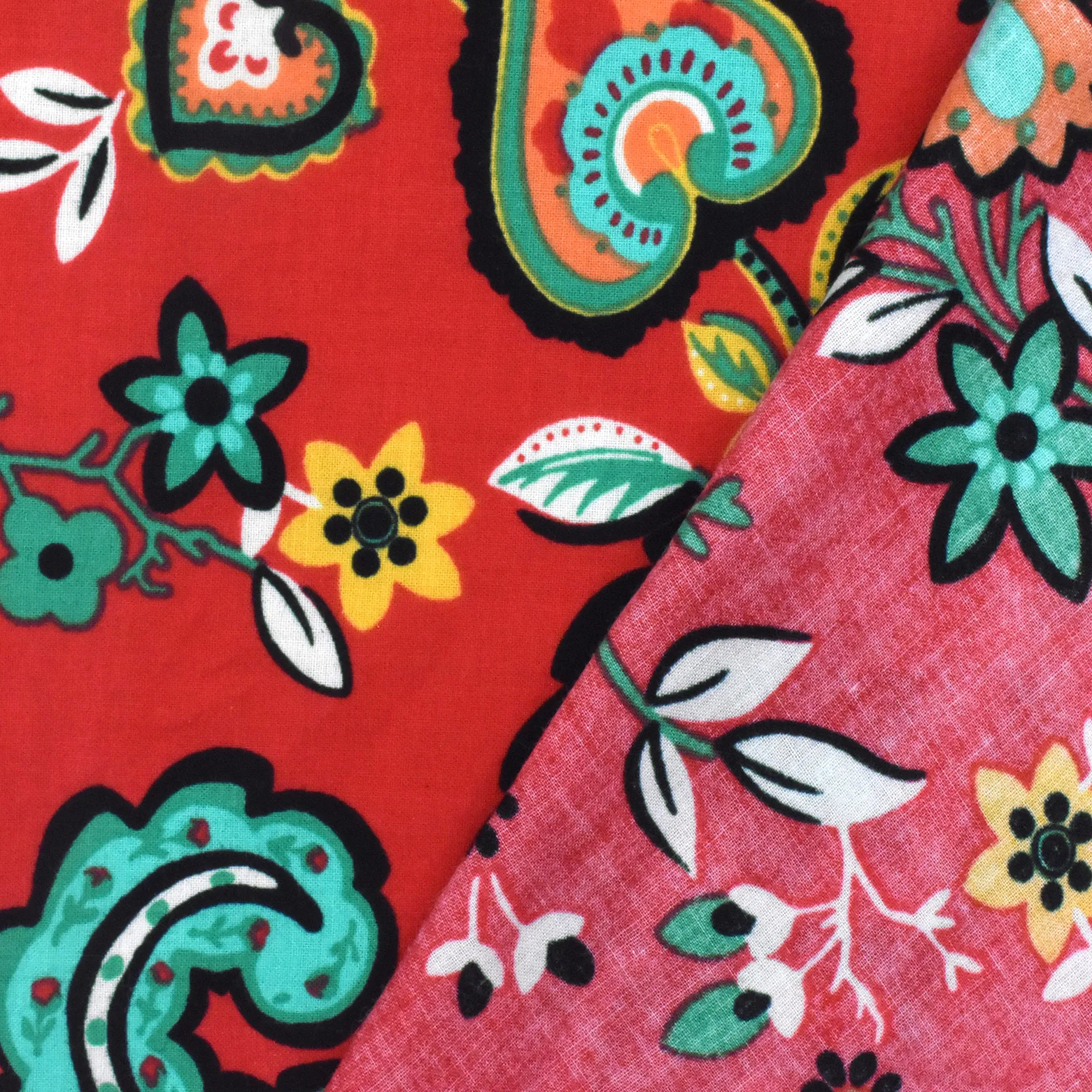 Red-Teal-Multi Cotton Floral Printed Batiste Woven Fabric