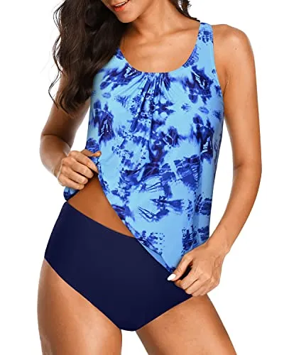 Removable Padded U Neck Tankini Swimwear For Women-Blue Tie Dye