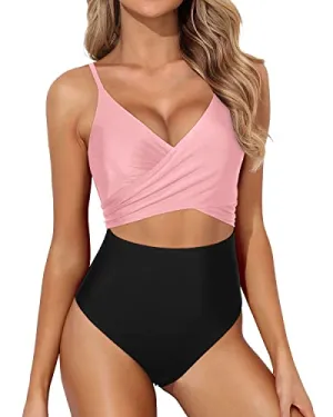 Removable Pads Tummy Control One Piece Swimsuits For Women-Pink And Black