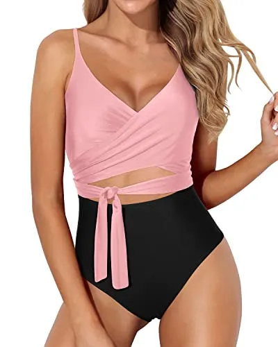 Removable Pads Tummy Control One Piece Swimsuits For Women-Pink And Black