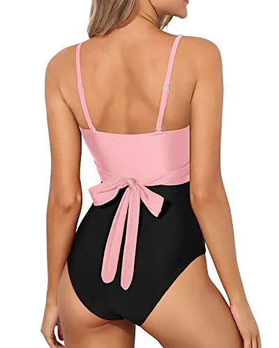 Removable Pads Tummy Control One Piece Swimsuits For Women-Pink And Black