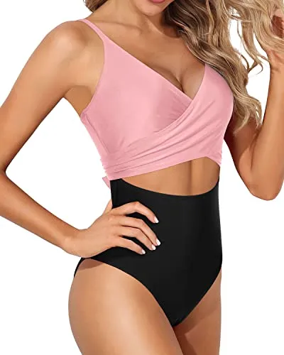 Removable Pads Tummy Control One Piece Swimsuits For Women-Pink And Black