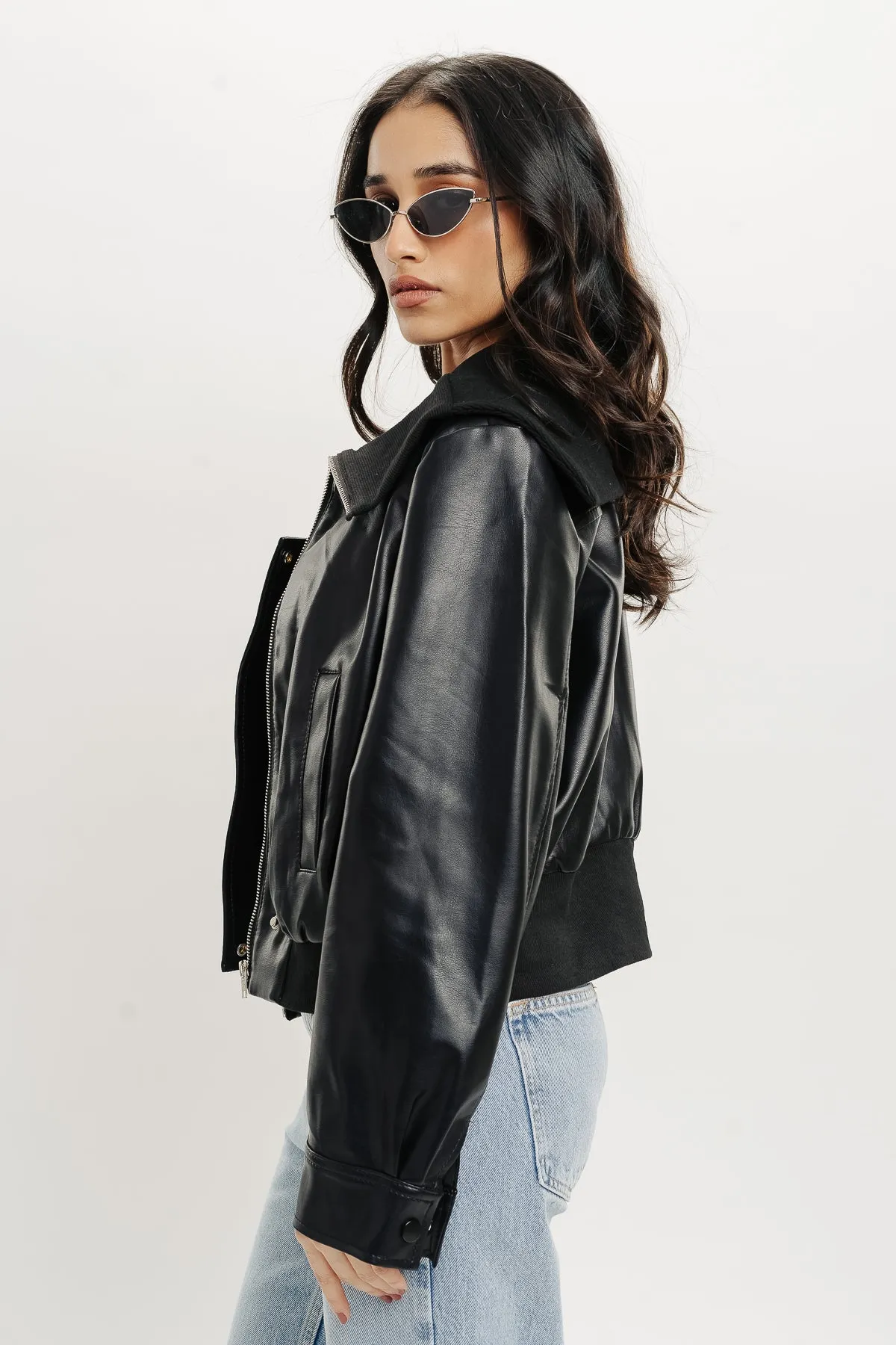 Ribbed Collar - Biker Leather Jacket