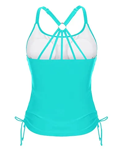 Ruched Tie Side Drawstring Tankini Swimsuit Tops For Women Tankini-Aqua