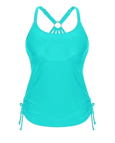 Ruched Tie Side Drawstring Tankini Swimsuit Tops For Women Tankini-Aqua