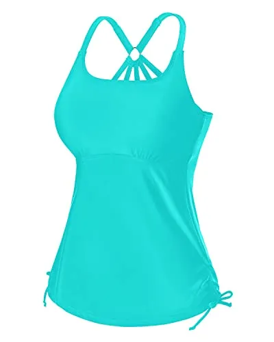 Ruched Tie Side Drawstring Tankini Swimsuit Tops For Women Tankini-Aqua