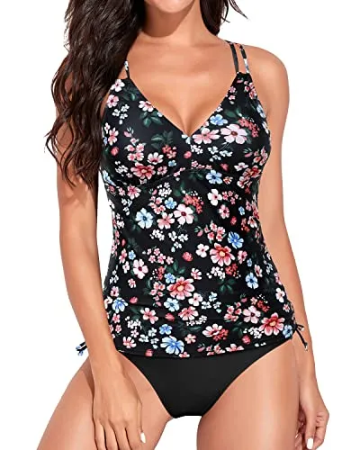 Sexy Mid Rise Swim Bottom Tankini Swimsuits For Women-Black Flowers