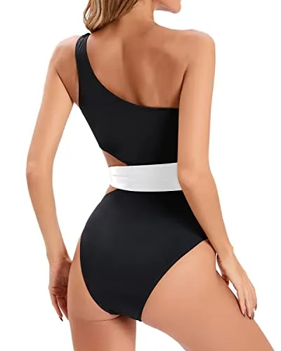 Sexy One Shoulder Swimwear Cut Out Design For Women-Black And White