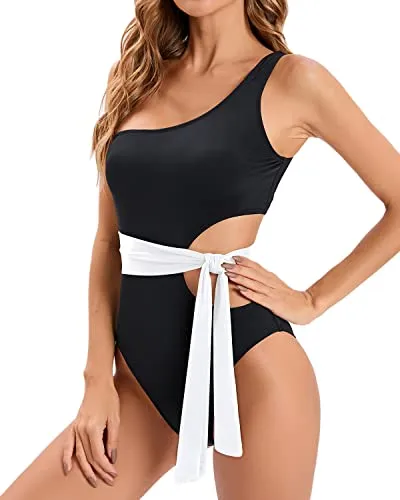 Sexy One Shoulder Swimwear Cut Out Design For Women-Black And White