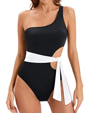 Sexy One Shoulder Swimwear Cut Out Design For Women-Black And White