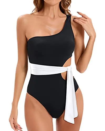 Sexy One Shoulder Swimwear Cut Out Design For Women-Black And White