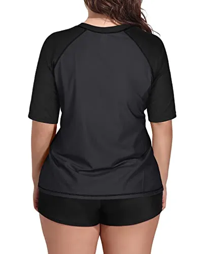 Short Sleeved Women's Plus Size Rash Guard Swimsuit With Boyshorts-Grey And Black