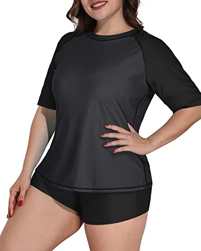 Short Sleeved Women's Plus Size Rash Guard Swimsuit With Boyshorts-Grey And Black